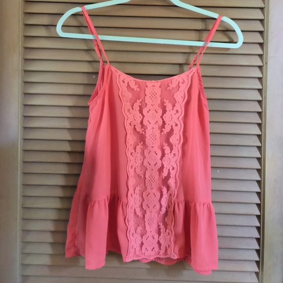 Peach camisole with lace insert on the front. - Picture 1 of 4